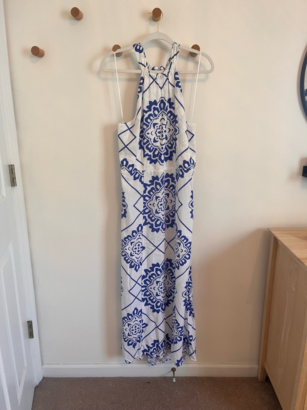 1. State White Maxi Dress with Blue Tile Print